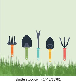 Garden tools cartoon set. Vector illustration on green background.