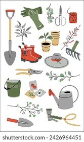 Garden tools and clothes vector clipart. Modern flat illustrations isolated on white background. Editable stroke.