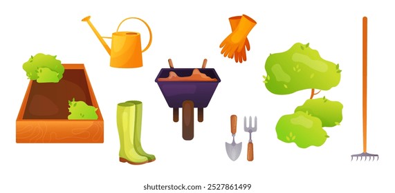 Garden tools collection, doodle icons of equipment for gardening and farming. Wheelbarrow, watering can, set of tools for horticulture, isolated colored clipart on white background