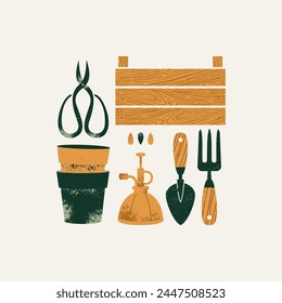 Garden tools collection. Retro style garden illustration.