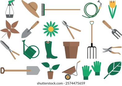 Garden tools collection. Set of color isolated vector illustrations. Gardening equipment: shovel, rake, wheelbarrow, scissors, fork, watering can and other agriculture elements. 