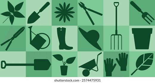 Garden tools collection. Set of color isolated vector illustrations. Gardening equipment: shovel, rake, wheelbarrow, scissors, fork, watering can and other agriculture elements. 