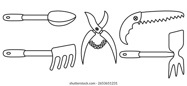 Garden tools collection. Sketch. Vector illustration. Outline on isolated white background. Doodle style. Hacksaw, pruning shears, hoe, cultivator, mini rake, spoon. Coloring book for children. 