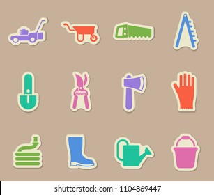 garden tools color vector icons on paper stickers