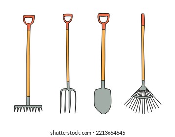 Garden tools colorful illustrations collection. Garden equipments colorful icon collection. Garden equipments illustrations set. 