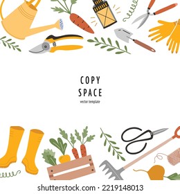 Garden tools composition, square template with copy space, vector arrangement with gloves, pruning shears, watering can, horticulture items postcard, good for card, poster design