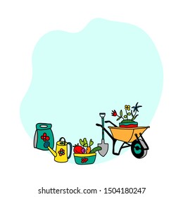 Garden tools and tools concept collection poster with accessories on blue background and blank space for lettering vector illustration.