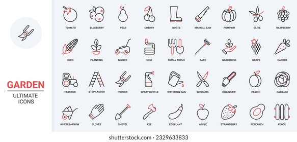 Garden tools and cultivation of agriculture harvest red black thin line icons set vector illustration. Gardening works and equipment to care grass on lawn, grow farm vegetables and fruit.