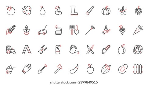 Garden tools and cultivation of agriculture harvest red black thin line icons set vector illustration. Gardening works and equipment to care grass on lawn, grow farm vegetables and fruit.