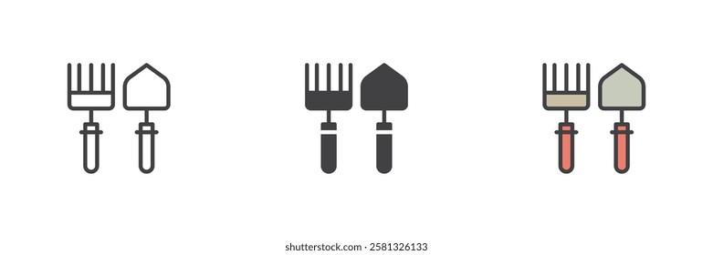 Garden tools different style icon set. Line, glyph and filled outline colorful version, outline and filled vector sign. Rake and trowel symbol, logo illustration. Vector graphics