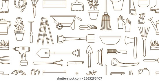 Garden tools doodle pattern. Farming planting gardening, agriculture elements. Decorative plants in pots and equipment. Textile print design, neoteric vector background