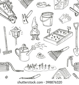 Garden tools doodle seamless pattern. Sketches. Various equipment and facilities for gardening.  Vintage illustration for identity, design, decoration, packages product and interior decoration