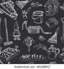 Garden tools doodle seamless pattern. Sketches. Various equipment and facilities for gardening.  Vintage illustration for identity, design, decoration, packages product and interior decoration