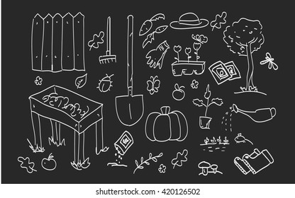 Garden tools doodle set. 