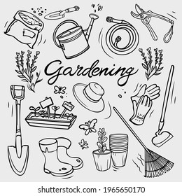 Garden tools doodle set. Hand equipment for gardening, farming, agriculture. Vector icons in sketch style on white.