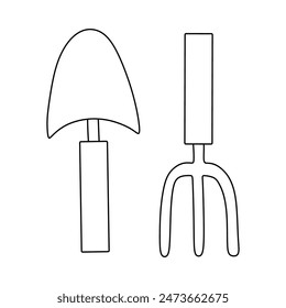 Garden Tools Doodle set. Small rake and Spade Equipment, Facilities for Gardening, Farming, Agriculture and Horticulture. Hand drawn Freehand Vector sketches isolated on white background.