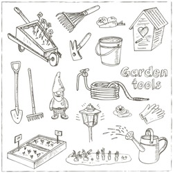 Garden Tools Doodle Set. Various Equipment And Facilities For Gardening And Agriculture.  Vintage Illustration For Identity, Design, Decoration, Packages Product And Interior Decorating.