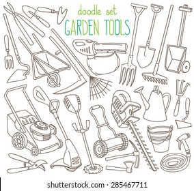 Garden tools doodle set. Various equipment and facilities for  gardening, farming, agriculture and horticulture. Hand tools and power tools. Freehand vector sketches isolated over white background.