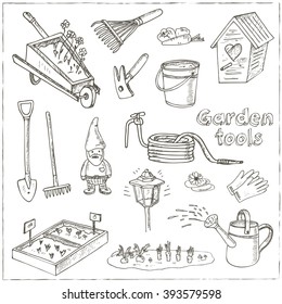 Garden tools doodle set. Various equipment and facilities for gardening and agriculture.  Vintage illustration for identity, design, decoration, packages product and interior decorating.