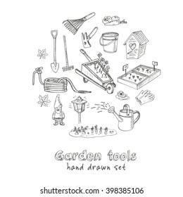 Garden tools doodle set. Various equipment and facilities for gardening and agriculture.  Vintage illustration for identity, design, decoration, packages product and interior decorating.