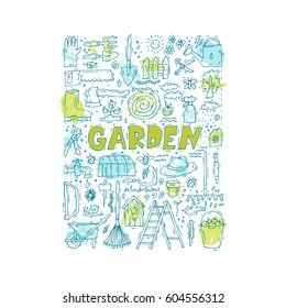 Garden tools doodle. Spring. Agriculture. Hand drawn. Vector illustration isolated on white background.