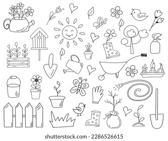 Herramientas de jardín. Iconos de resorte de doodle ajustados. Elementos aislados dibujados a mano. Primavera, conceptos de jardinería. Arte de línea.   Cubos de agua, ramo de flores, pájaros, sol, plántulas en ollas y herramientas de jardín.