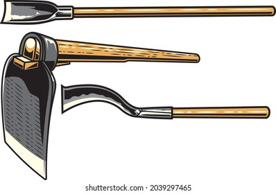 Garden tools and equipment cartoon set of vector agriculture, farming and gardening design. Spade, rake, shovel and pitchfork, trowel, watering hose and can, grass mower, wheelbarrow and pruners