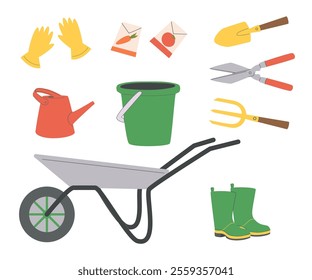 Garden tools and equipment cartoon set of vector agriculture, farming and gardening design. Spade, rake, shovel and pitchfork, trowel, watering hose and can, grass mower, wheelbarrow and pruners