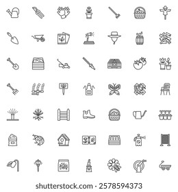 Garden tools and equipment line icons set. linear style symbols collection, outline signs pack. Gardening vector graphics. Set includes icons as Watering Can, Pruning Shears, Rake, Shovel, Sprinkler