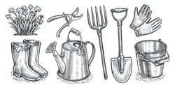 Garden Tools, Equipment Set. Gardening, Horticulture Concept. Collection Of Objects. Vintage Sketch Vector Illustration