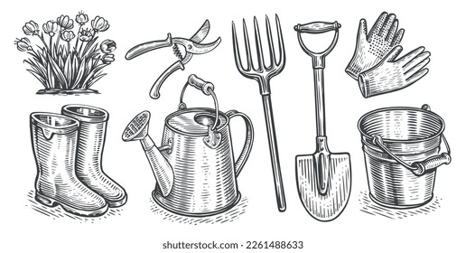 Garden tools, equipment set. Gardening, horticulture concept. Collection of objects. Vintage sketch vector illustration