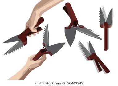 Garden tools and equipment set. Hands holding grass shears. Different positions of grass equipment tools.