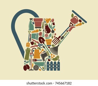 Garden tools, the equipment and symbols in the form of a watering can