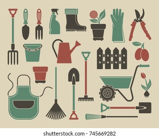 Garden tools, the equipment and symbols. Vector illustration