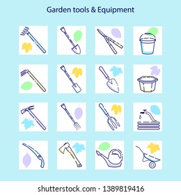 Garden tools and equipment. Vector flat icon set.