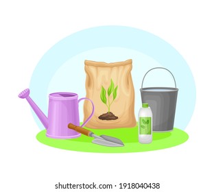 Garden Tools and Equipment with Watering Can, Bucket and Fertilizer Package Vector Composition