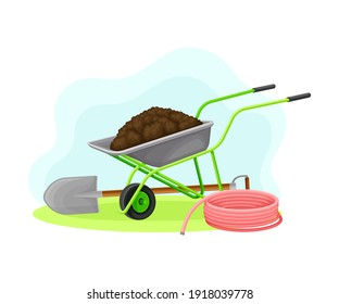 Garden Tools and Equipment with Wheelbarrow, Spade and Hose Vector Composition