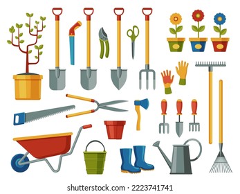 Garden tools. Farm agriculture equipment with shovel rake rubber boots secateurs cutter gloves lawnmower, flat cartoon gardening icons. Vector isolated set. Watering can, scissors and cutter