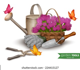Garden tools farming agriculture equipment with tulip flower basket vector illustration