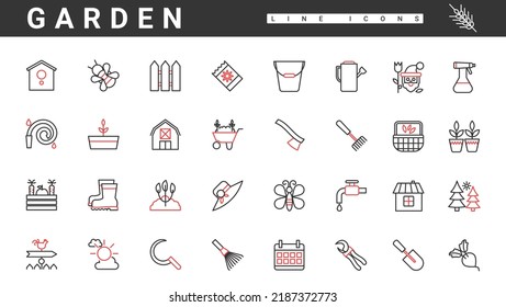 Garden tools and farming equipment for landscape design, care vegetables and flowers thin red and black line icons set vector illustration. Abstract shovel rake secateurs flowerpot wheelbarrow