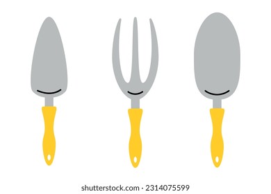 Garden tools. Farming work instruments. Gardening equipment. Small shovel and scoop. Agricultural spade and rake. Plants cultivating. Isolated pitchfork. farming flat elements set