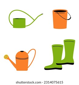 Garden tools. Farming work instruments. Gardening equipment. Watering can. Rubber boots. Grdeners bucket. Vegetable growing. Plastic water pail. agriculture flat elements set