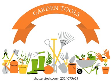 Garden tools. Farming work instruments. Gardening equipment. Watering can. Vegetable growing. Wheelbarrow and bucket. Plants agriculture cultivating. Shovel and pitchfork. poster