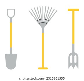 Garden tools. Farming work instruments. Agricultural metal rake. Plants cultivating. Landscaping shovel and pitchfork. Isolated farmers fork and spade. Vector gardening equipment set