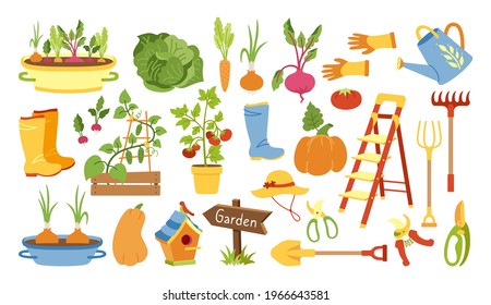 Garden tools flat cartoon set. Rural vegetable, rustic fence. Rubber boots, pitchfork and gloves, secateurs. Garden cart, birdhouse and watering can. Hand drawn Isolated vector illustration