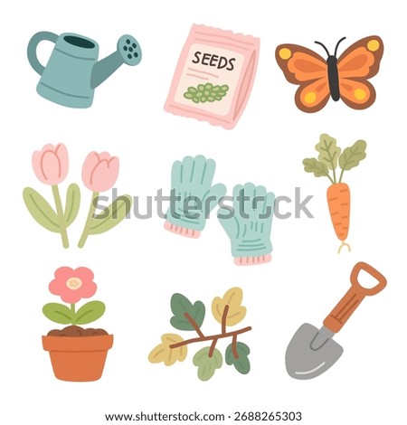 Garden tools, flowers, and plants in flat illustration style for spring and nature themes. Perfect for eco posters, gardening blogs, stickers, and vector collections.