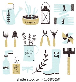 Garden tools and flowers set