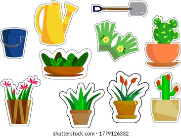 Garden tools and flowers. Stickers. Vector illustration. 
