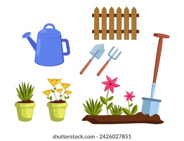 Garden tools with flowers vector illustration set isolated on white. Shovel, rake, watering pot, fence, flowers in pots. Gardening, hobby concept.