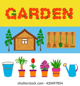 Garden tools and flowers web banners. Vector illustration of garden paraphernalia.